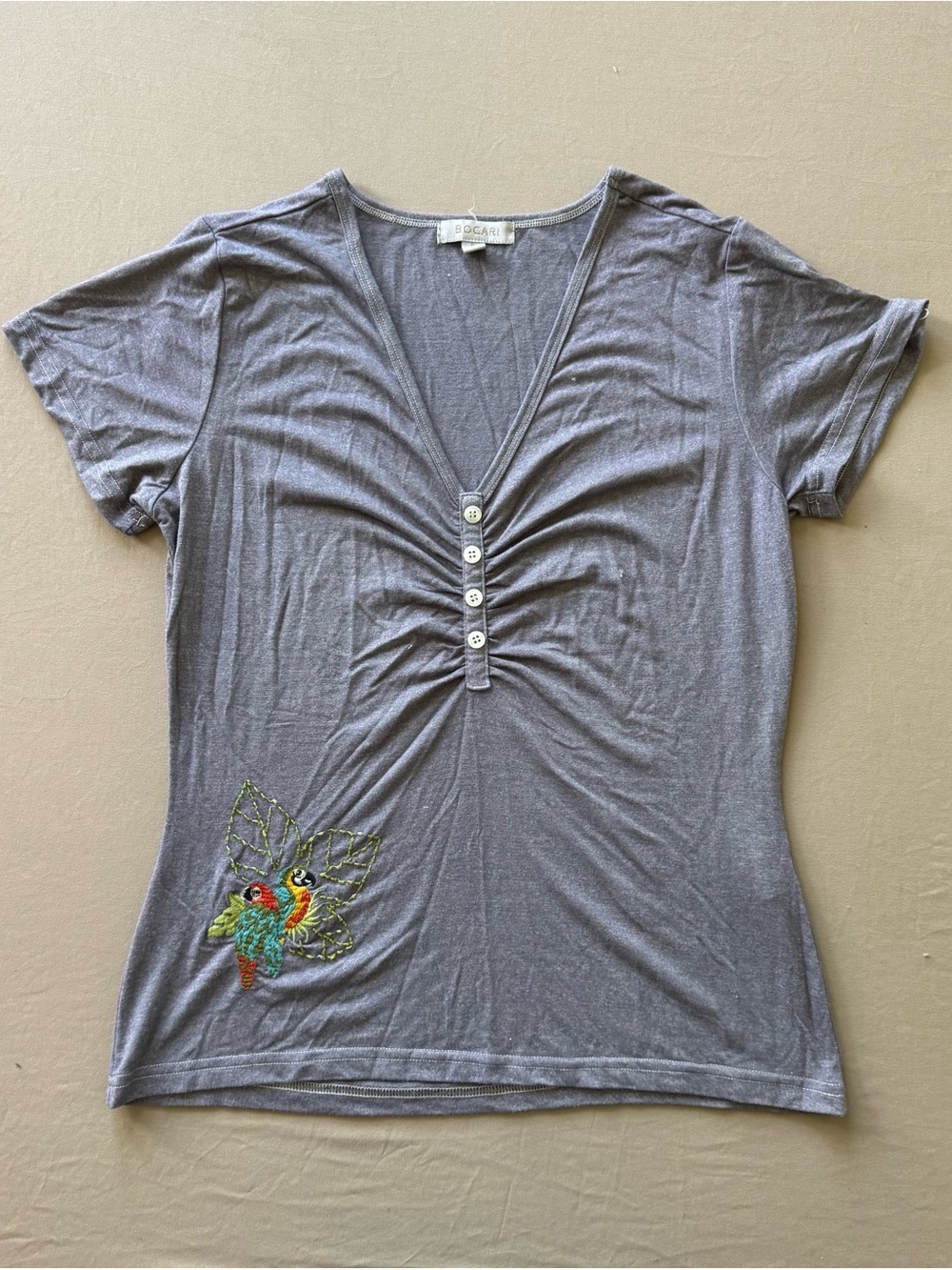 Vintage Bogari Silk Blend Embroidered Henley Top
